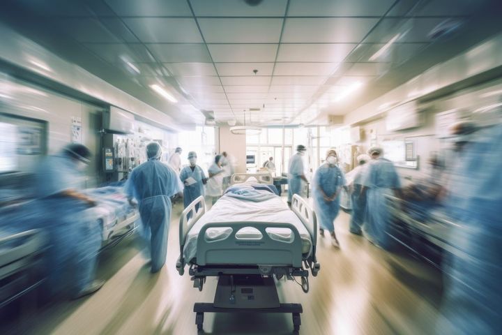 A time-elapsed photo of a busy hospital hallway.