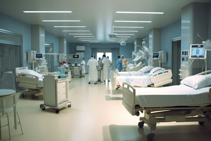 A wide shot of a hospital before it's visited by inspectors.