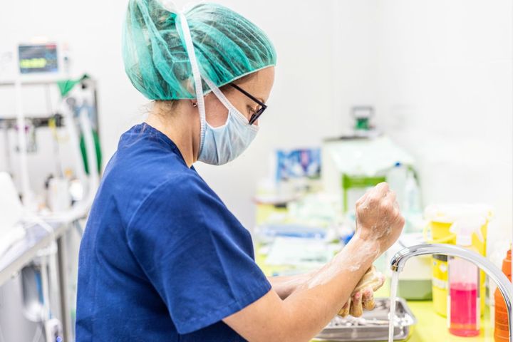 A nurse scrubs her arms and hands in preparation for surgery.