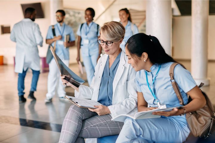 A preceptee discusses a patient's chart with their preceptor.