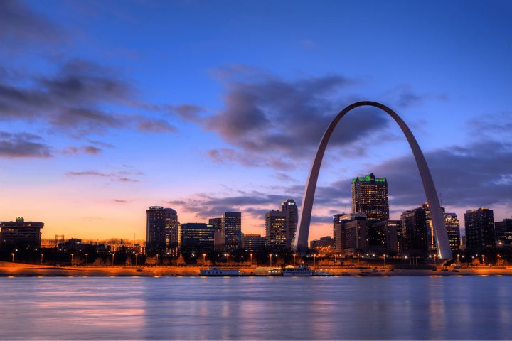 A nighttime view of St. Louis, Missouri.