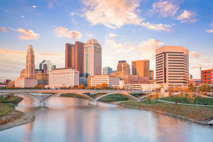 The Columbus, Ohio, skyline at sunset.