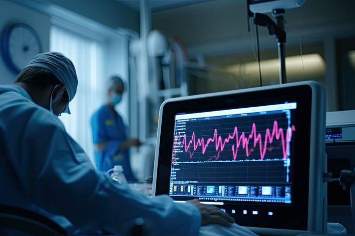 A telemetry nurse monitors a patient's heart rate and other vitals during an operation.