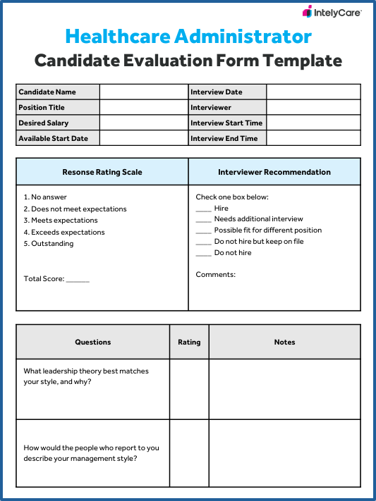 Thumbnail image for our healthcare administrator candidate evaluation form template.