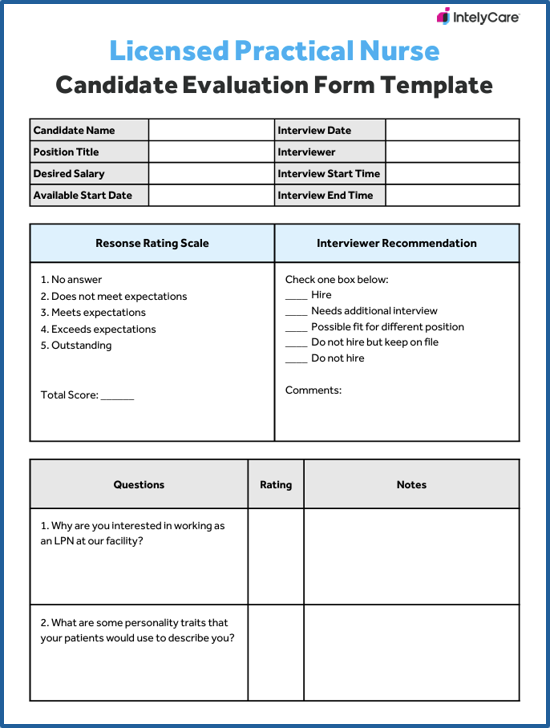 Thumbnail image of a downloadable licensed practical nurse (LPN) candidate evaluation form template with blue border