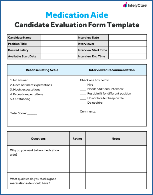Thumbnail image for our medication aide candidate evaluation form template.