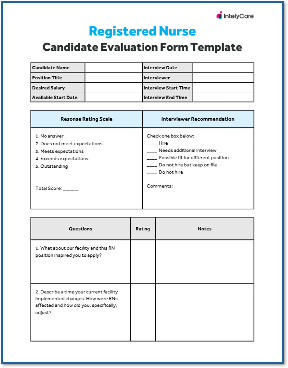 Thumbnail image of a downloadable registered nurse (RN) candidate evaluation form template with blue border