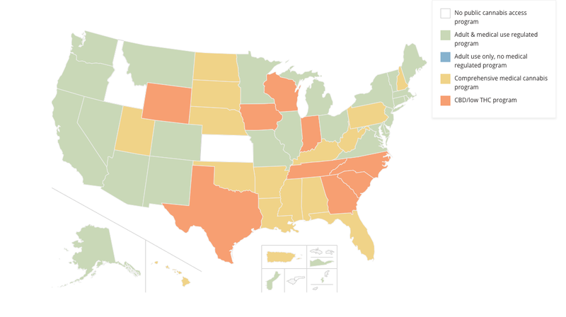 Map of the United States explaining cannabis usage laws.