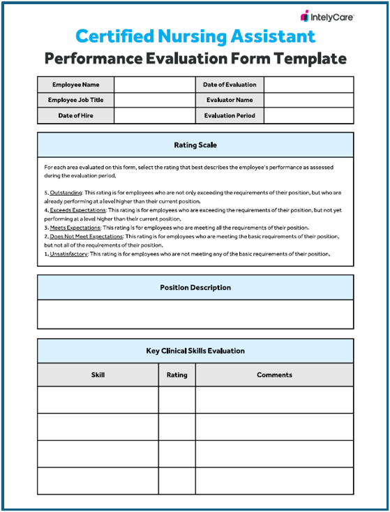 CNA performance evaluation form template thumbnail image with blue border