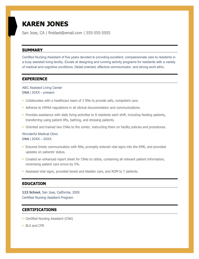 CNA resume sample for Karen Jones.