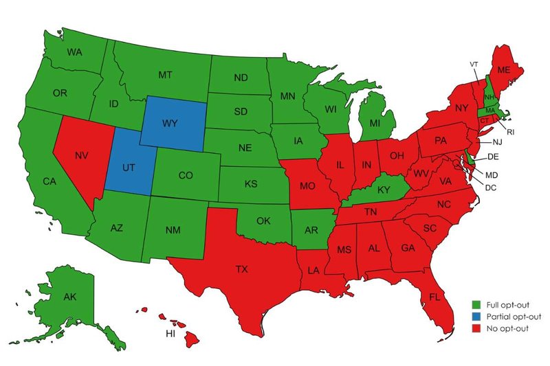 Map of the United States with CRNA opt-out states highlighted.