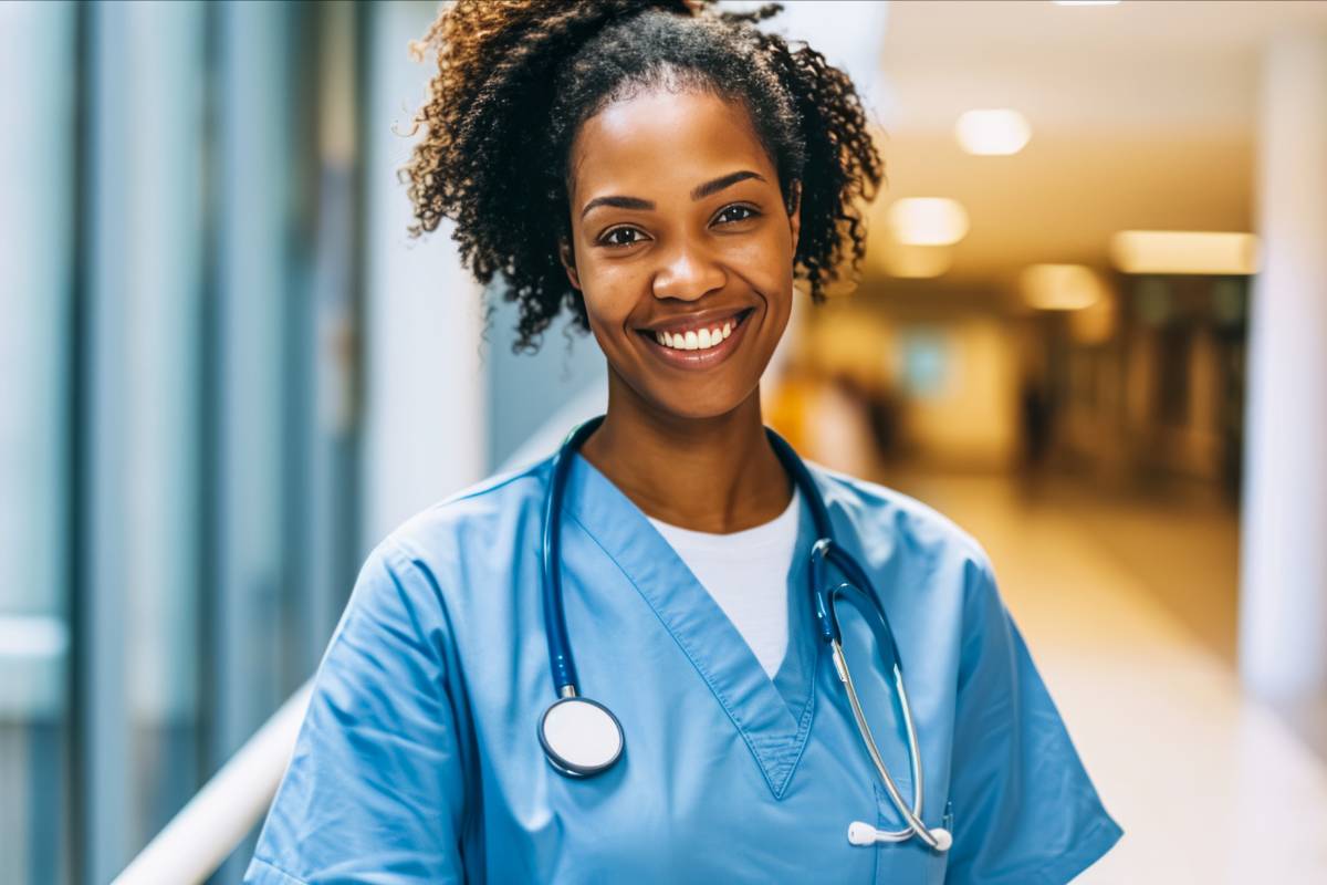 A nurse poses for a photo while discussing how to become an RN in Ohio.