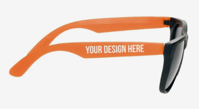 Sunglasses with "Your Design Here" on the temple.
