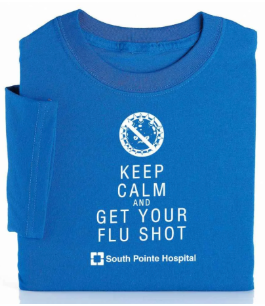 Blue T-Shirt with the words "Keep Calm and Get Yor Flu Shot" printed on the front.