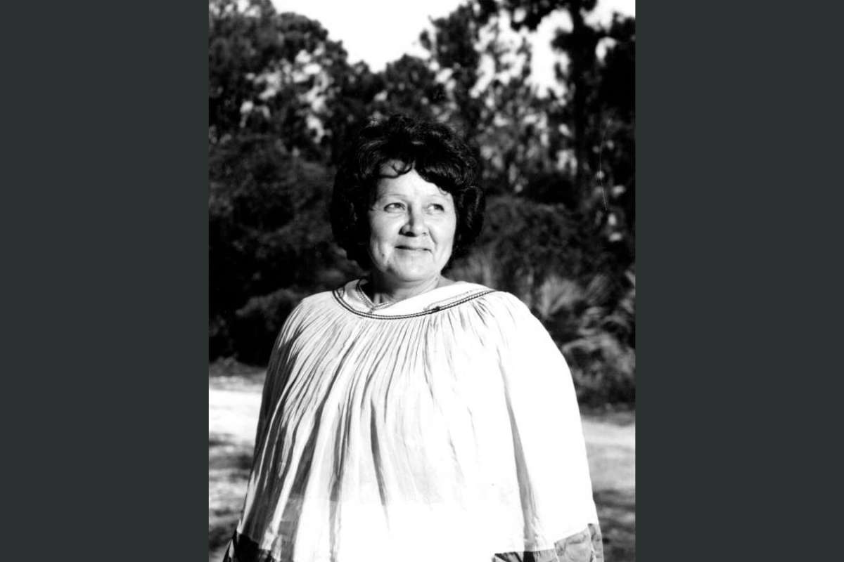 Black-and-white image of Betty Mae Tiger Jumper.