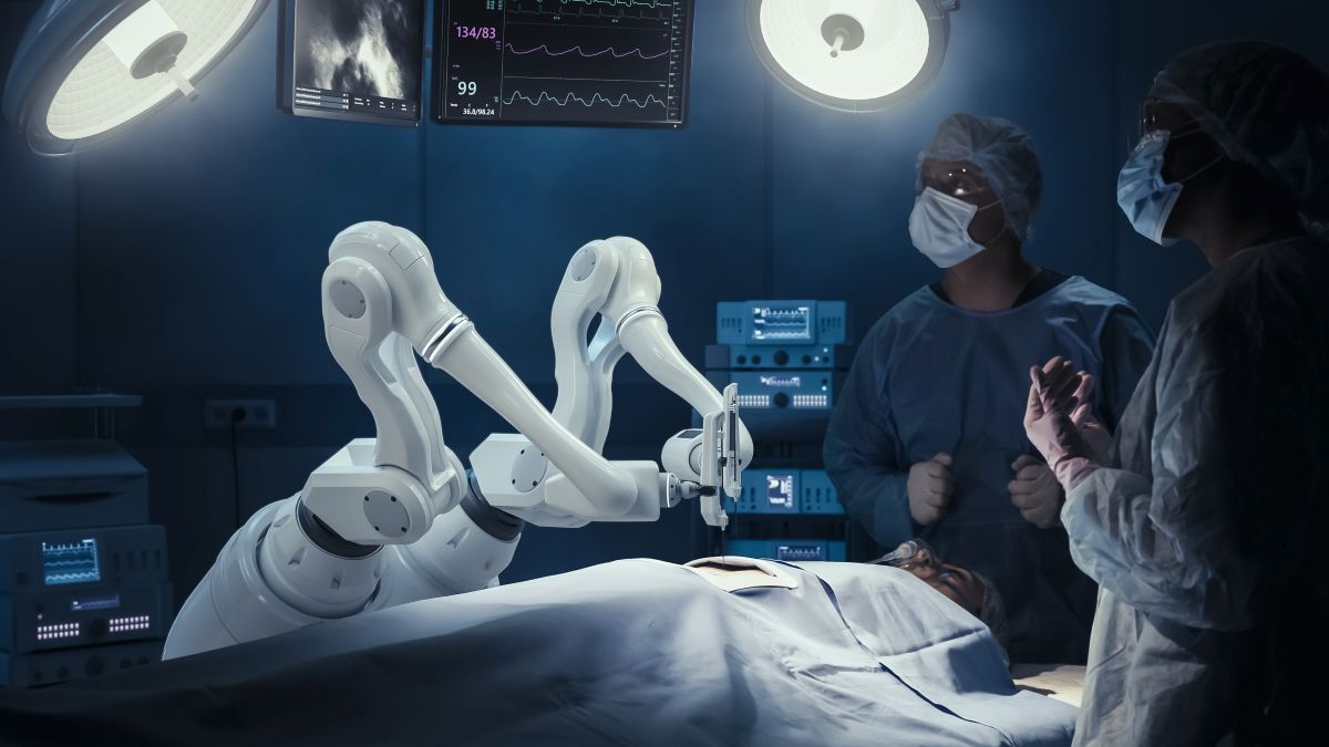 A surgical robot prepares for a procedure -- just one example of healthcare workflow automation.