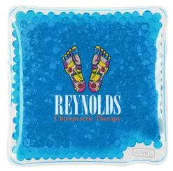 Reusable ice pack with healthcare facility name printed on it.