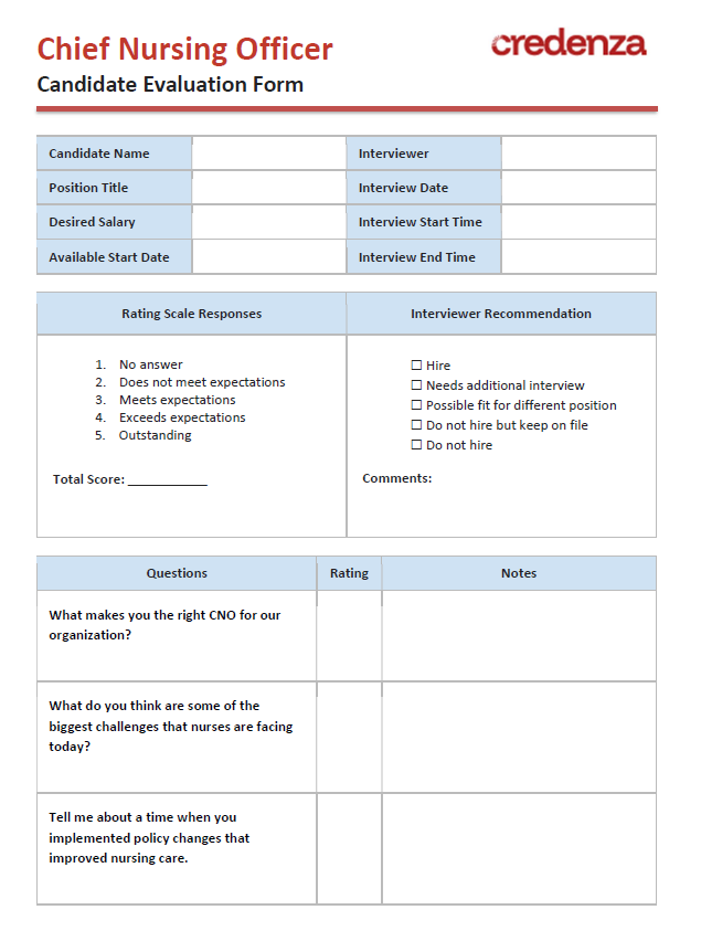 Download Chief Nursing Officer Candidate Evaluation Form Template