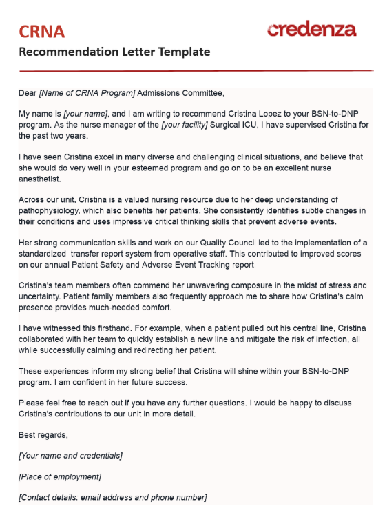 Download CRNA Letter of Recommendation Template