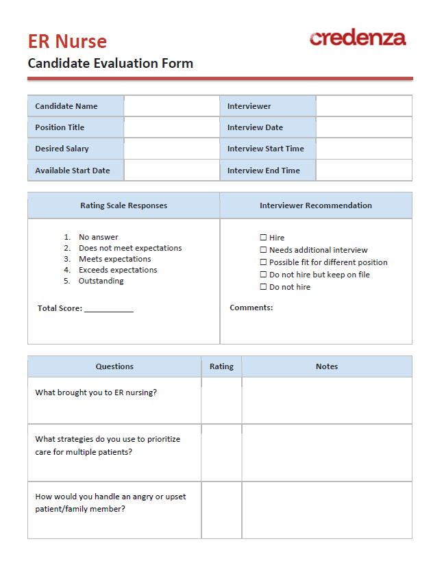 Download ER Nurse Candidate Evaluation Form Template