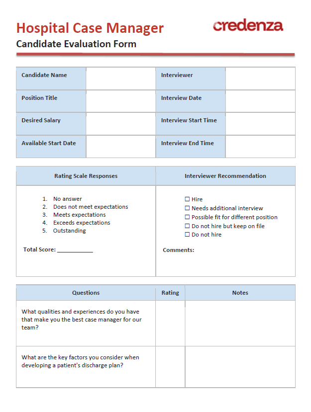 Download Hospital Case Manager Candidate Evaluation Form