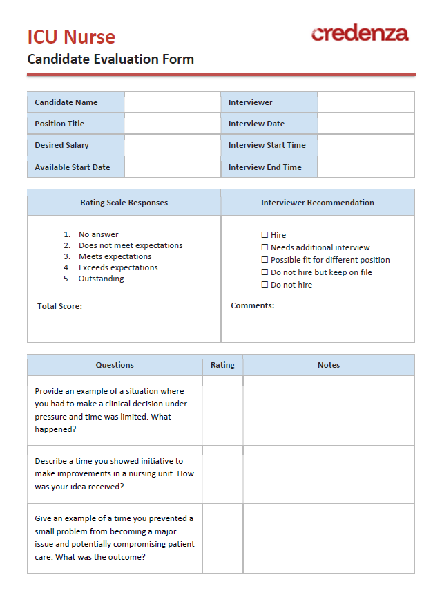 Download ICU Nurse Candidate Evaluation Form Template