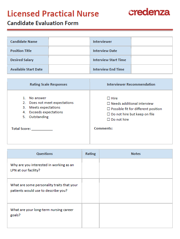 Download Licensed Practical Nurse Candidate Evaluation Form Template