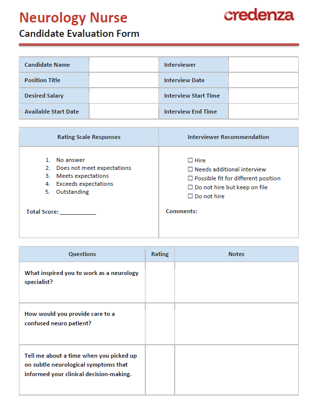 Download Neurology Nurse Candidate Evaluation Form Template