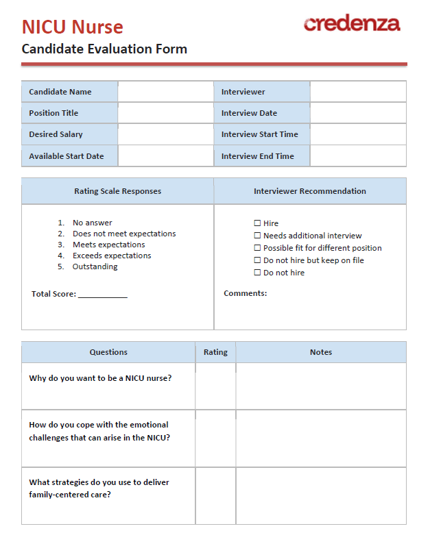 Download NICU Nurse Candidate Evaluation Form Template