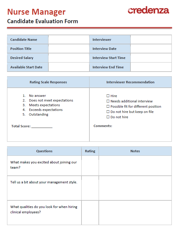 Download Nurse Manager Candidate Evaluation Form Template