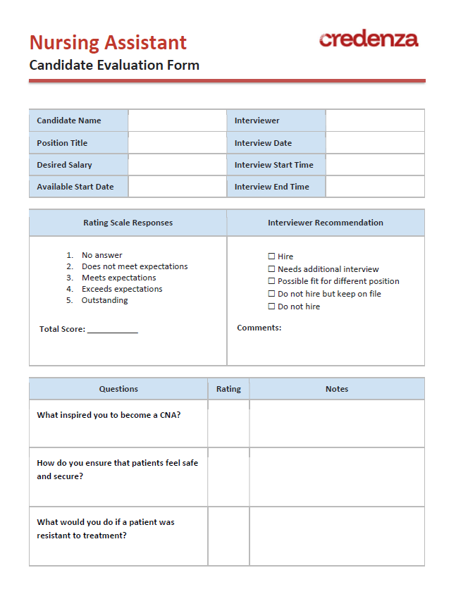 Download Nursing Assistant Candidate Evaluation Form Template