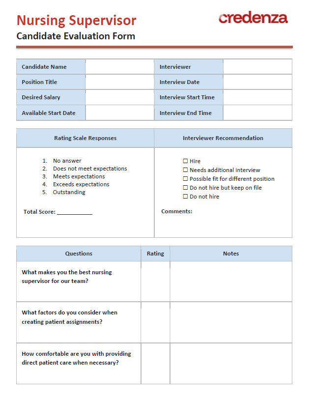 Download Nursing Supervisor Candidate Evaluation Form Template