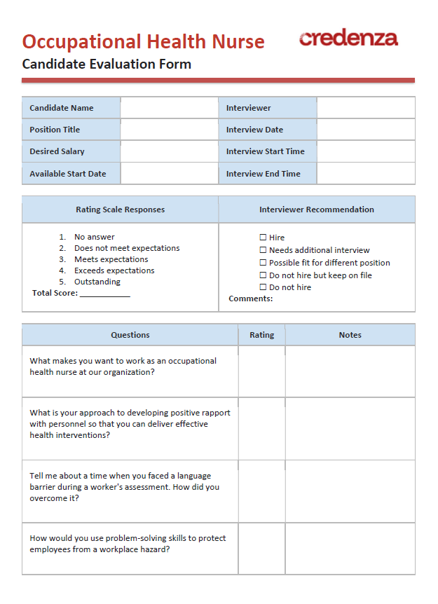 Download Occupational Health Nurse Candidate Evaluation Form