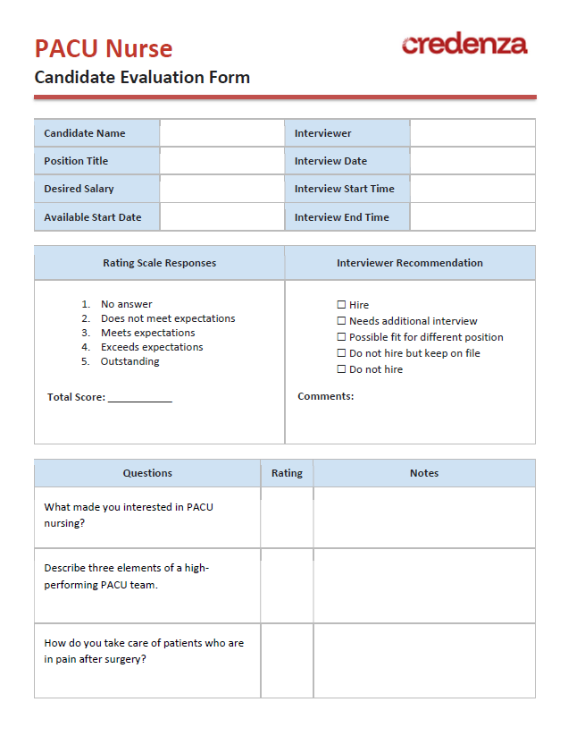 Download PACU Nurse Candidate Evaluation Form Template