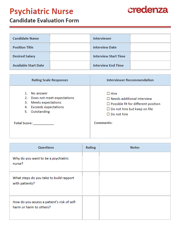 Download Psychiatric Nurse Candidate Evaluation Form Template
