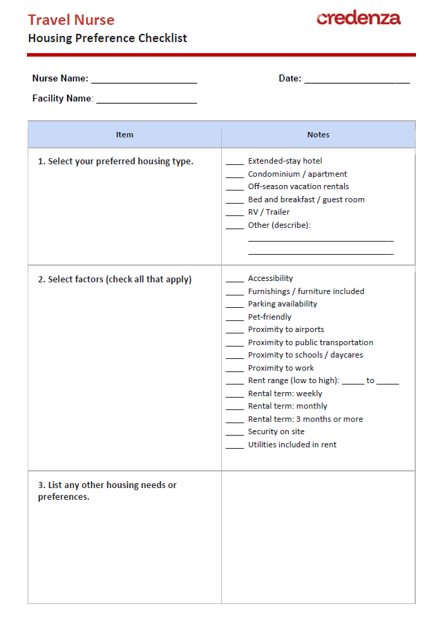 Download Travel Nurse Housing Preferences Checklist