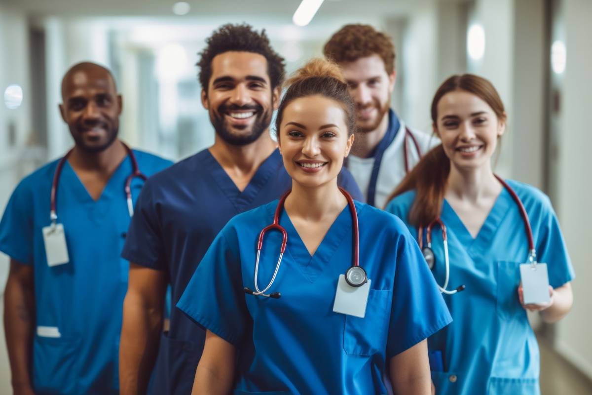 A group of nurses demonstrates the new traditions in nursing as they walk in scrubs down the hall.